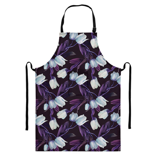 White And Purple Tulip Pattern Print Bib Apron With Pocket
