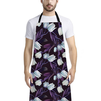 White And Purple Tulip Pattern Print Bib Apron With Pocket