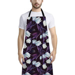 White And Purple Tulip Pattern Print Bib Apron With Pocket