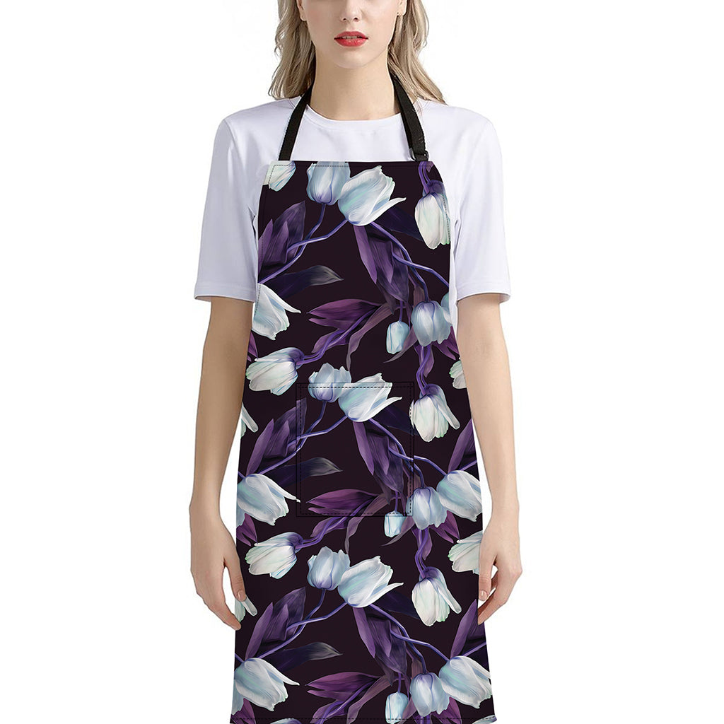 White And Purple Tulip Pattern Print Bib Apron With Pocket