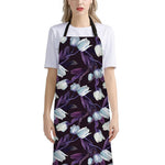 White And Purple Tulip Pattern Print Bib Apron With Pocket