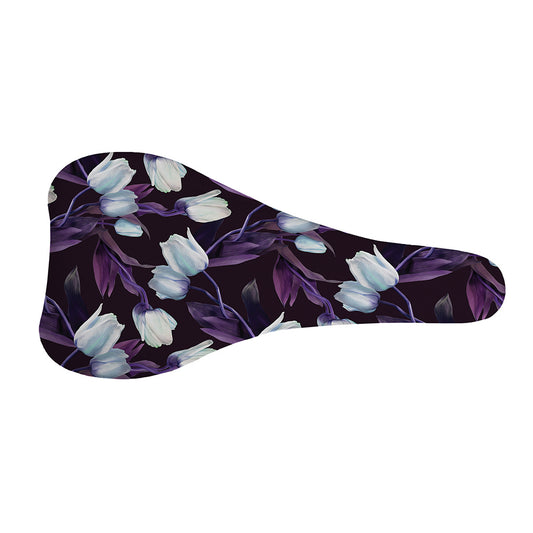White And Purple Tulip Pattern Print Bicycle Seat Cover