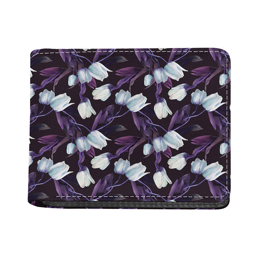 White And Purple Tulip Pattern Print Bifold Wallet