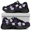 White And Purple Tulip Pattern Print Black Chunky Shoes
