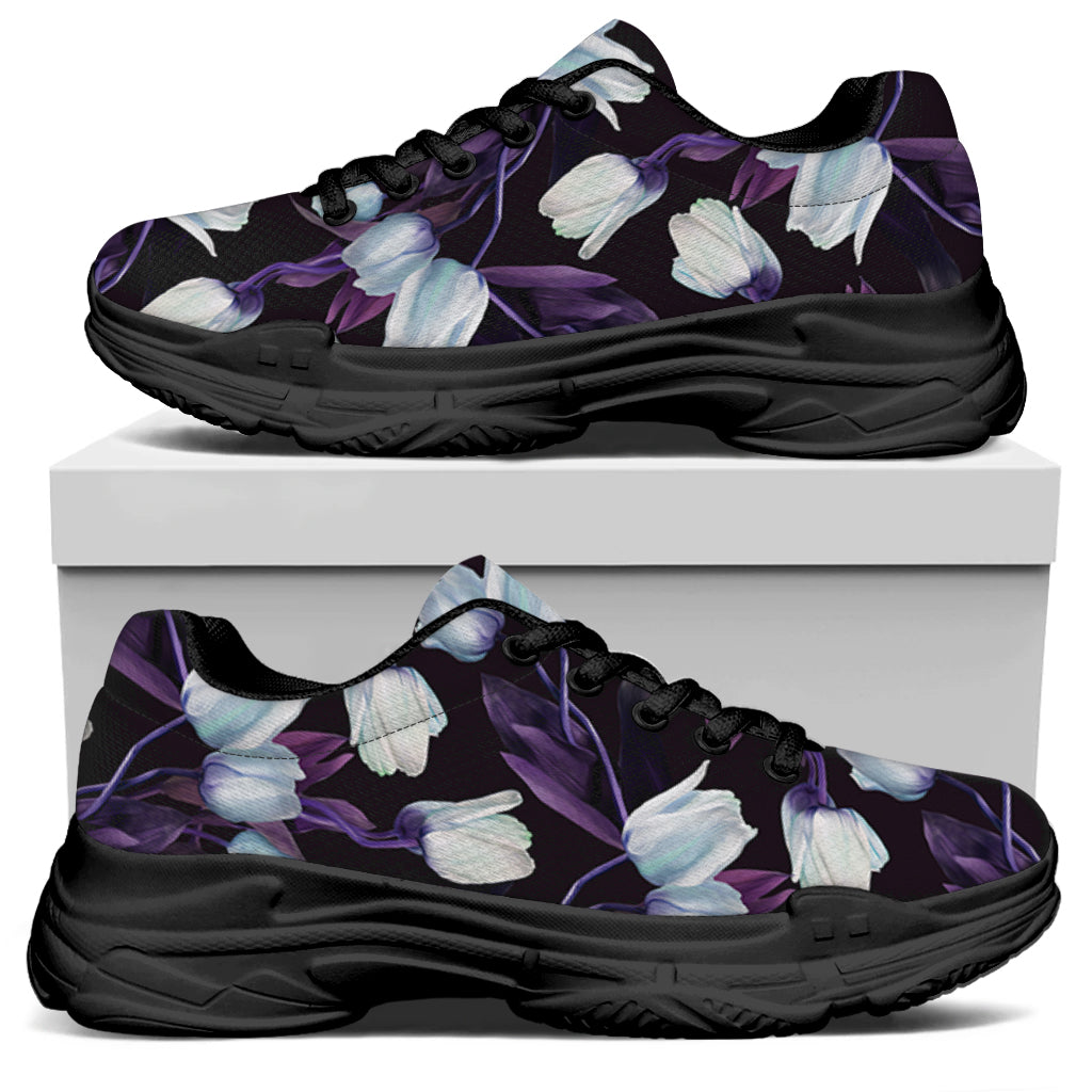 White And Purple Tulip Pattern Print Black Chunky Shoes