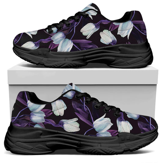 White And Purple Tulip Pattern Print Black Chunky Shoes
