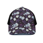 White And Purple Tulip Pattern Print Black Mesh Trucker Cap