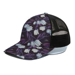White And Purple Tulip Pattern Print Black Mesh Trucker Cap