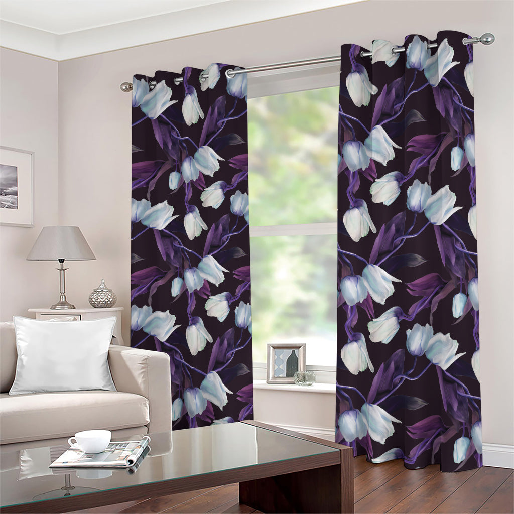 White And Purple Tulip Pattern Print Blackout Grommet Curtains