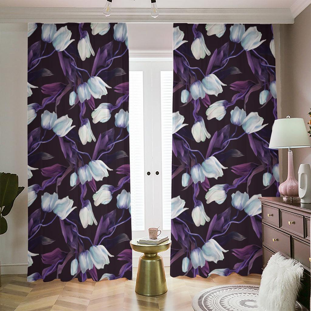 White And Purple Tulip Pattern Print Blackout Pencil Pleat Curtains