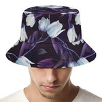 White And Purple Tulip Pattern Print Bucket Hat