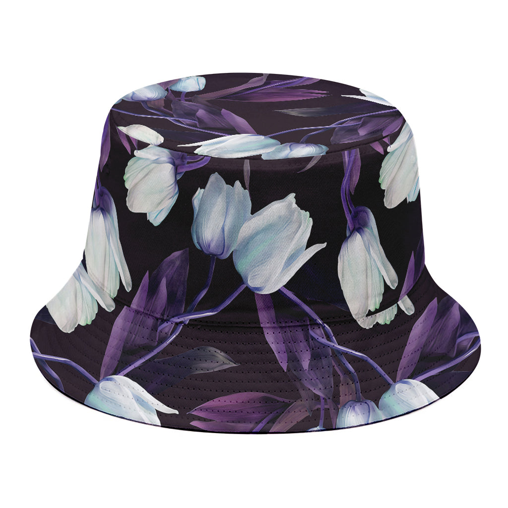 White And Purple Tulip Pattern Print Bucket Hat