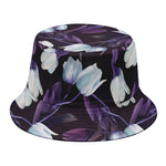 White And Purple Tulip Pattern Print Bucket Hat