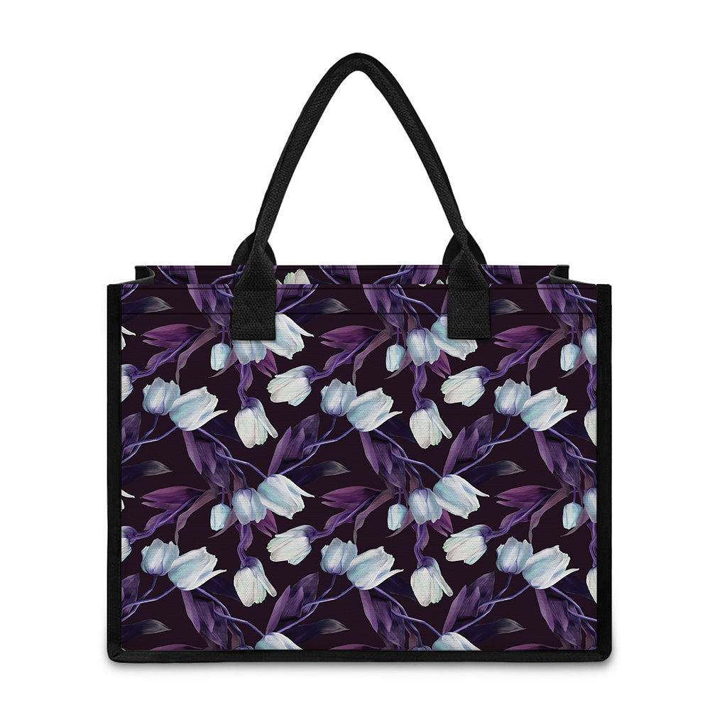 White And Purple Tulip Pattern Print Canvas Tote Bag