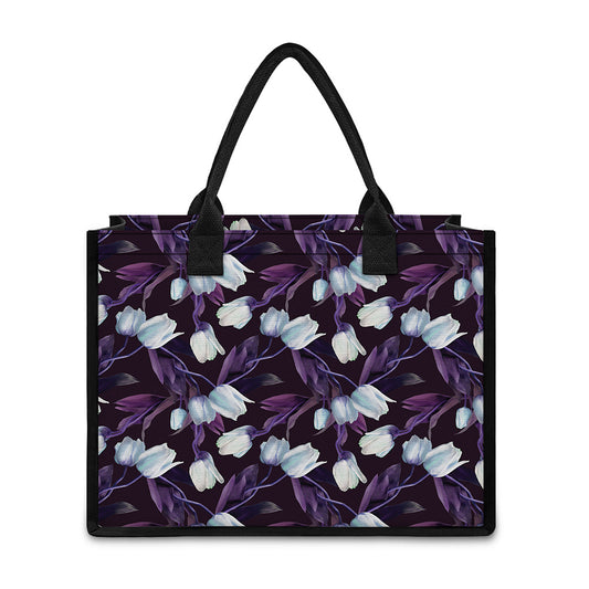 White And Purple Tulip Pattern Print Canvas Tote Bag