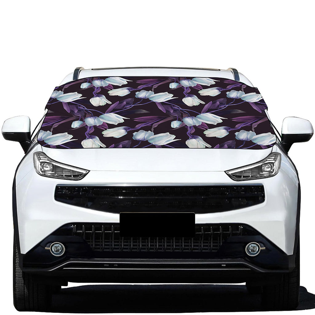 White And Purple Tulip Pattern Print Car Windshield Snow Cover