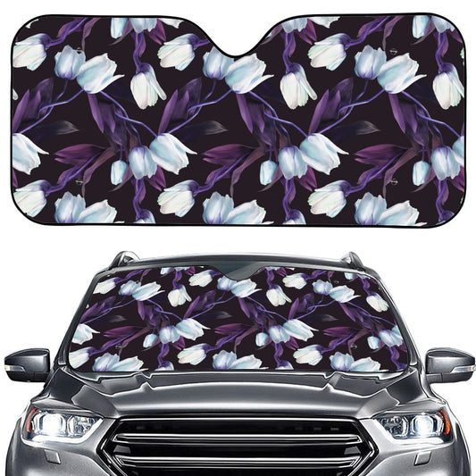 White And Purple Tulip Pattern Print Car Windshield Sun Shade