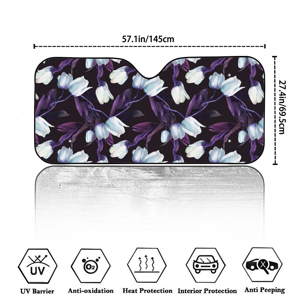 White And Purple Tulip Pattern Print Car Windshield Sun Shade