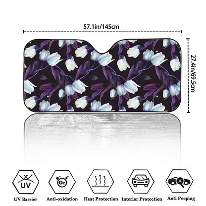 White And Purple Tulip Pattern Print Car Windshield Sun Shade