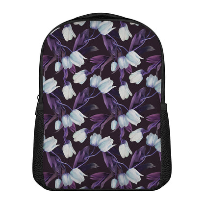 White And Purple Tulip Pattern Print Casual Backpack