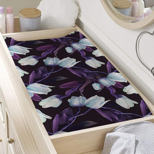 White And Purple Tulip Pattern Print Changing Pad Cover