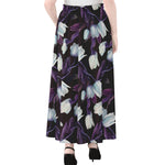 White And Purple Tulip Pattern Print Chiffon Maxi Skirt