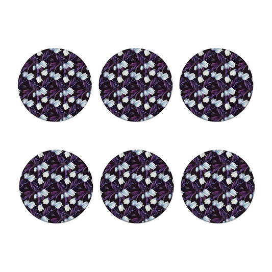 White And Purple Tulip Pattern Print Coaster Set