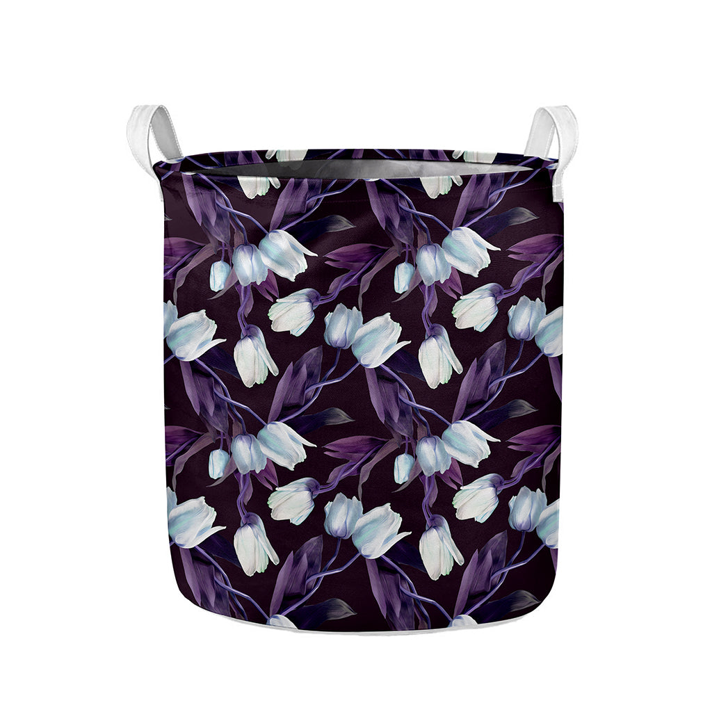 White And Purple Tulip Pattern Print Collapsible Laundry Basket