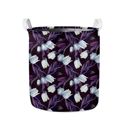White And Purple Tulip Pattern Print Collapsible Laundry Basket