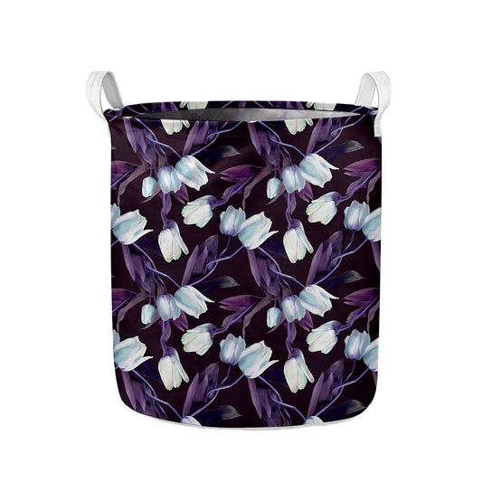 White And Purple Tulip Pattern Print Collapsible Laundry Basket