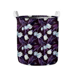 White And Purple Tulip Pattern Print Collapsible Laundry Basket