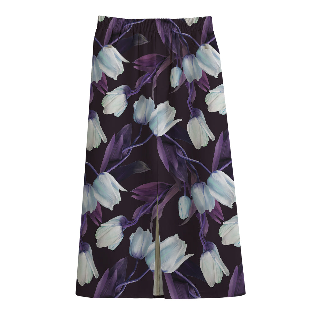 White And Purple Tulip Pattern Print Cotton Front Slit Maxi Skirt