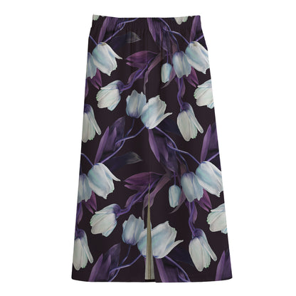 White And Purple Tulip Pattern Print Cotton Front Slit Maxi Skirt