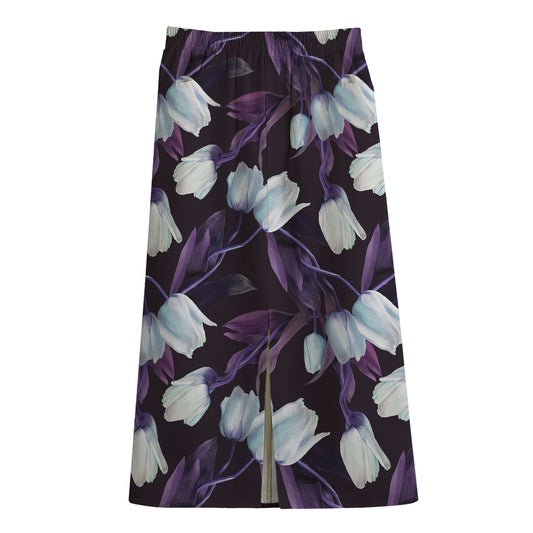 White And Purple Tulip Pattern Print Cotton Front Slit Maxi Skirt