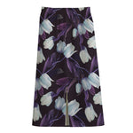 White And Purple Tulip Pattern Print Cotton Front Slit Maxi Skirt