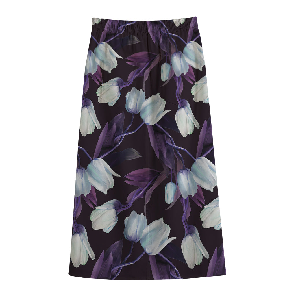 White And Purple Tulip Pattern Print Cotton Front Slit Maxi Skirt