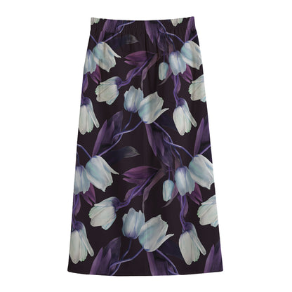 White And Purple Tulip Pattern Print Cotton Front Slit Maxi Skirt