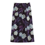 White And Purple Tulip Pattern Print Cotton Front Slit Maxi Skirt