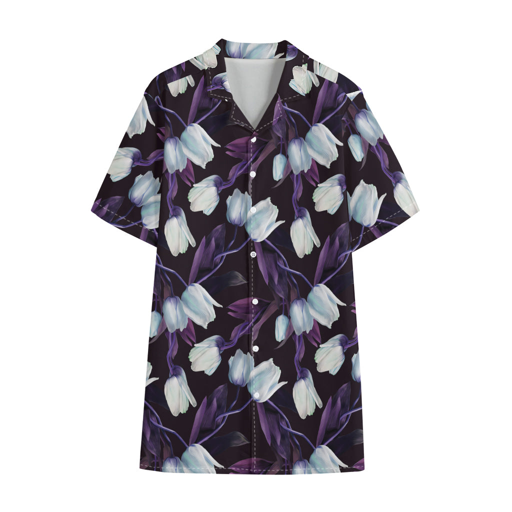 White And Purple Tulip Pattern Print Cotton Hawaiian Shirt