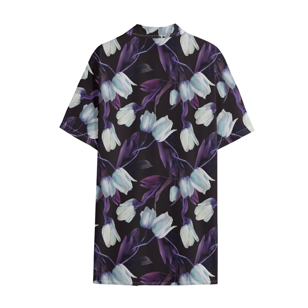 White And Purple Tulip Pattern Print Cotton Hawaiian Shirt