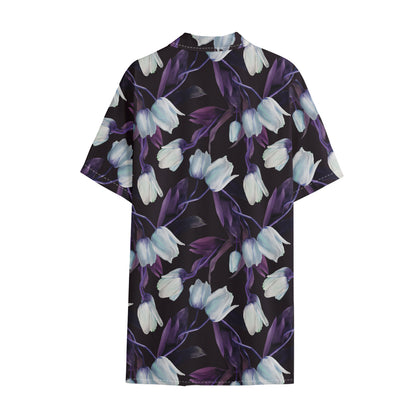 White And Purple Tulip Pattern Print Cotton Hawaiian Shirt