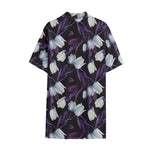 White And Purple Tulip Pattern Print Cotton Hawaiian Shirt