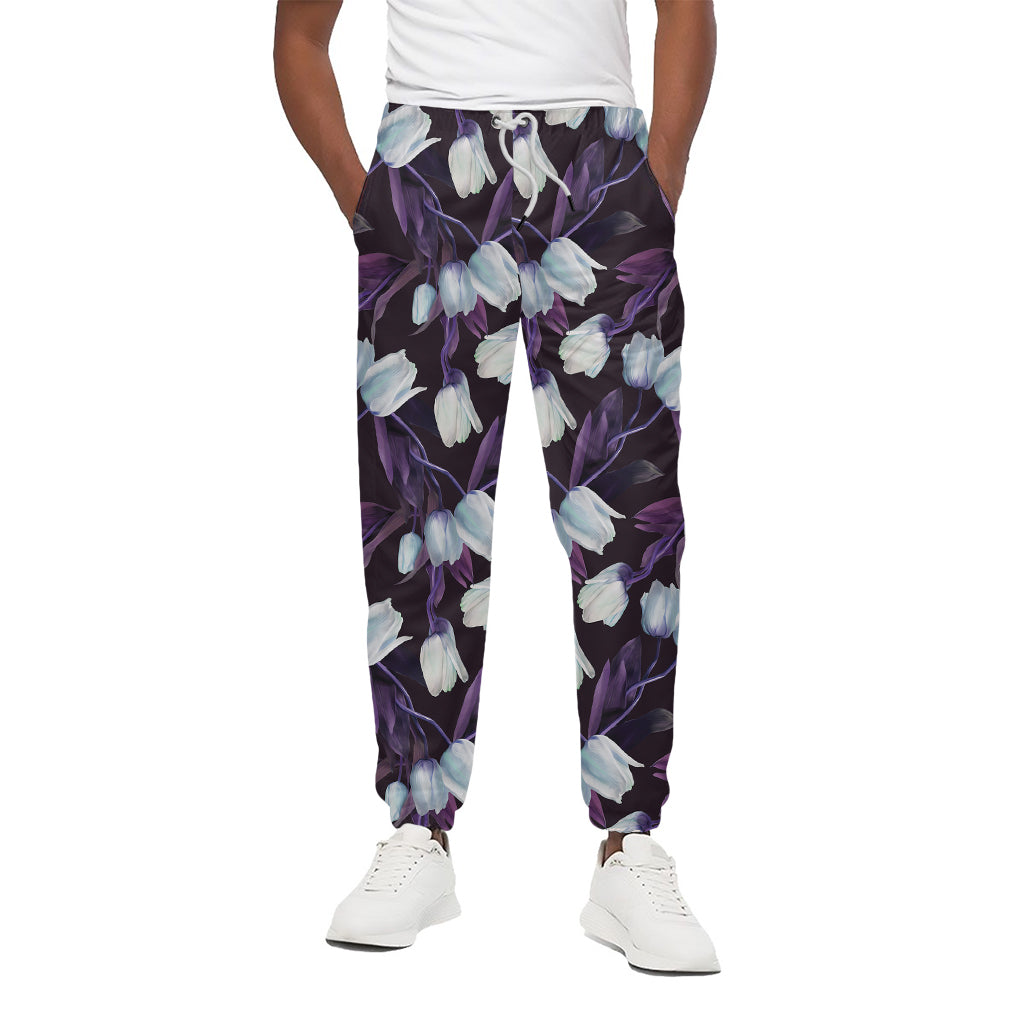 White And Purple Tulip Pattern Print Cotton Pants