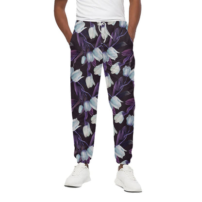 White And Purple Tulip Pattern Print Cotton Pants