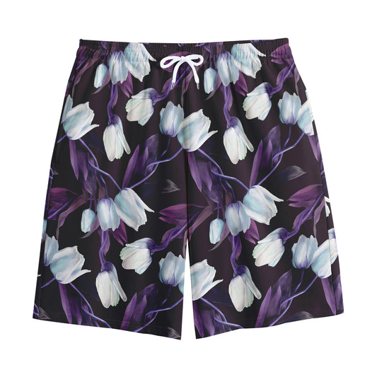 White And Purple Tulip Pattern Print Cotton Shorts