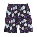 White And Purple Tulip Pattern Print Cotton Shorts