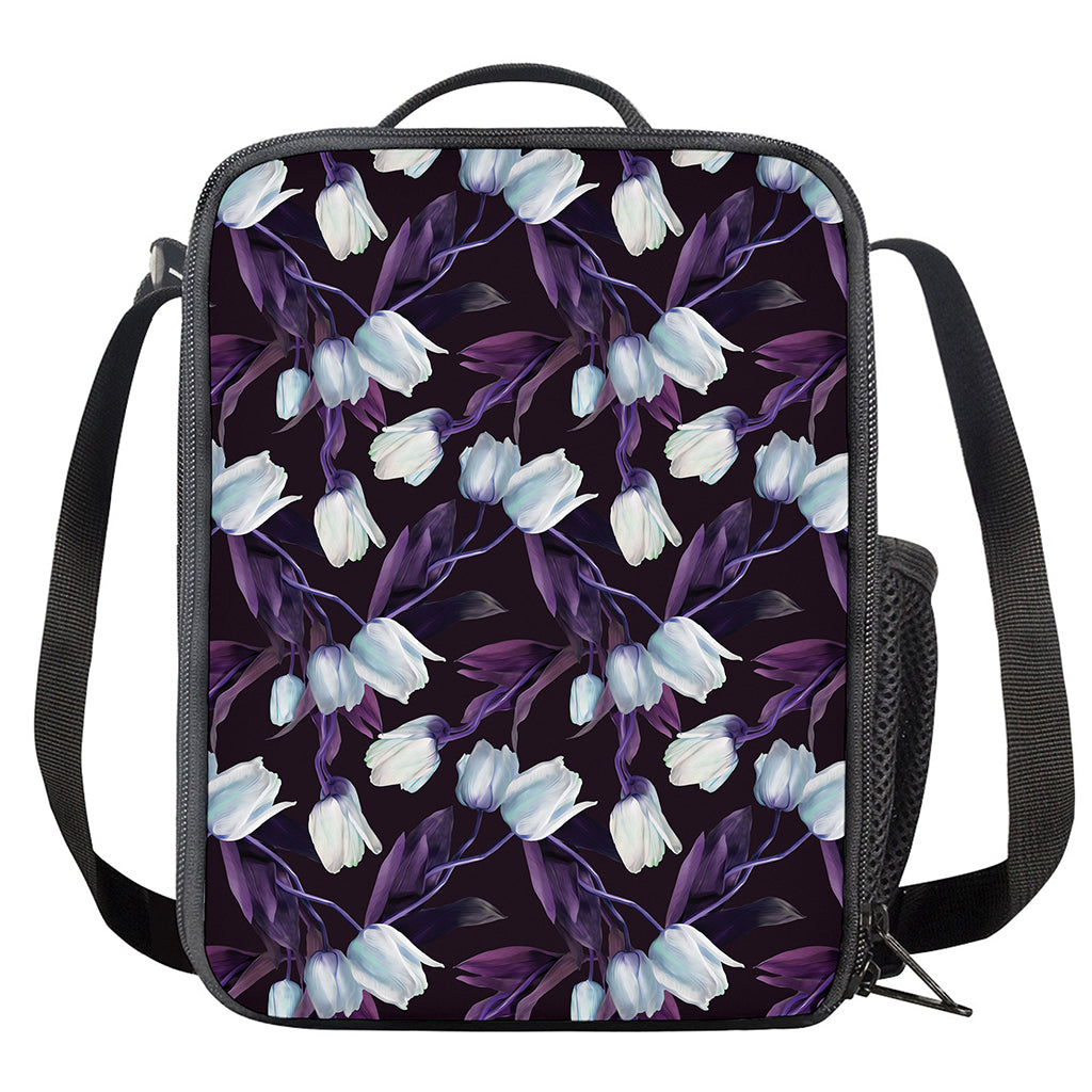 White And Purple Tulip Pattern Print Crossbody Lunch Bag