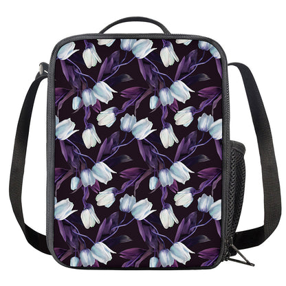 White And Purple Tulip Pattern Print Crossbody Lunch Bag