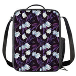 White And Purple Tulip Pattern Print Crossbody Lunch Bag