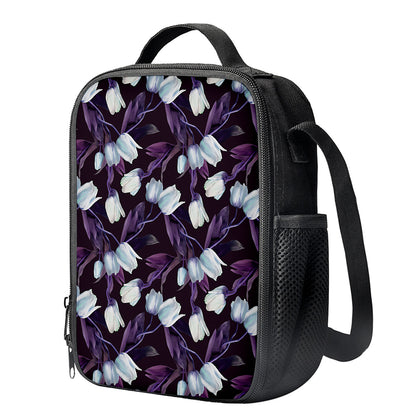 White And Purple Tulip Pattern Print Crossbody Lunch Bag